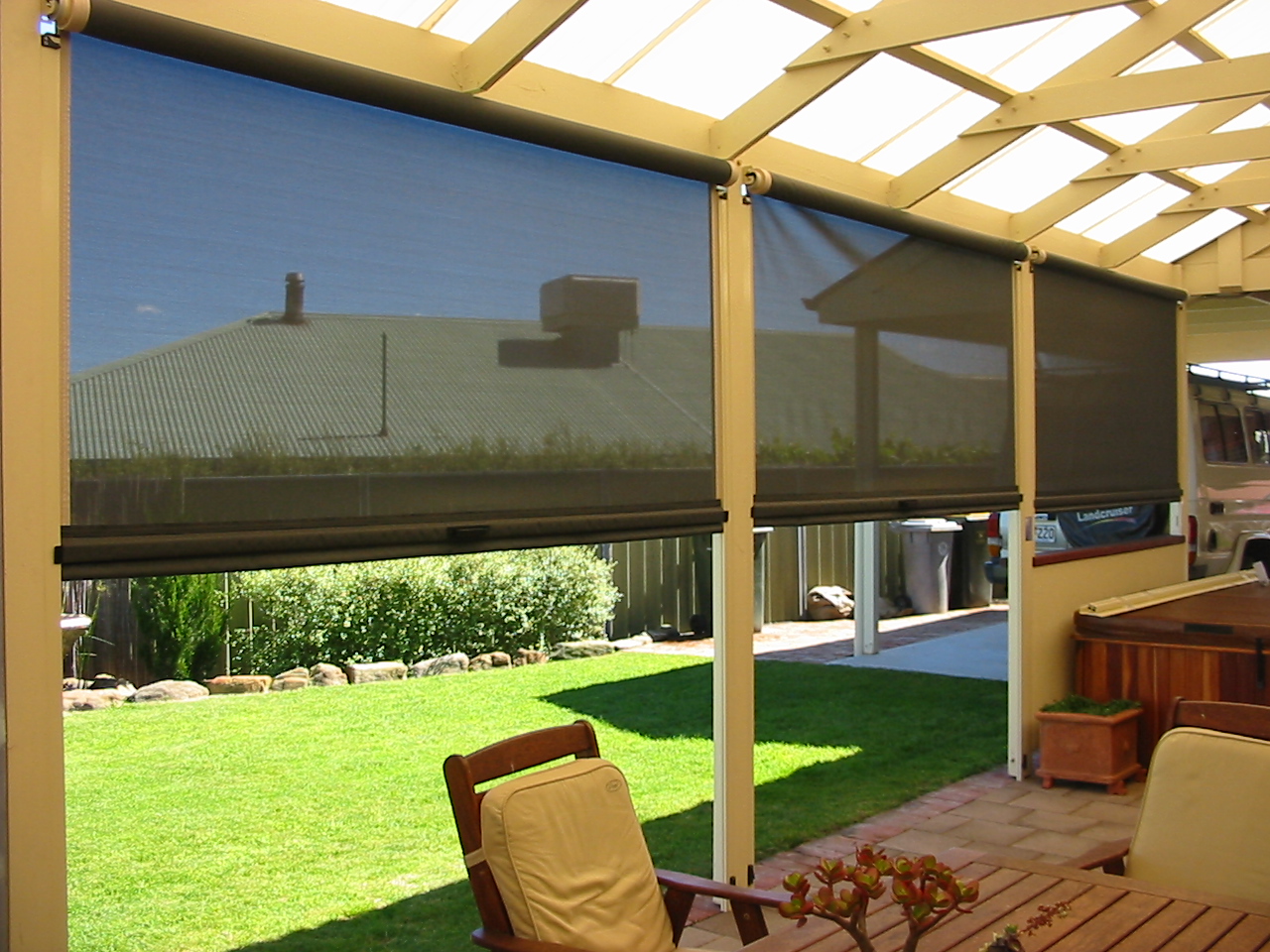 Stylish outdoor blinds on a patio